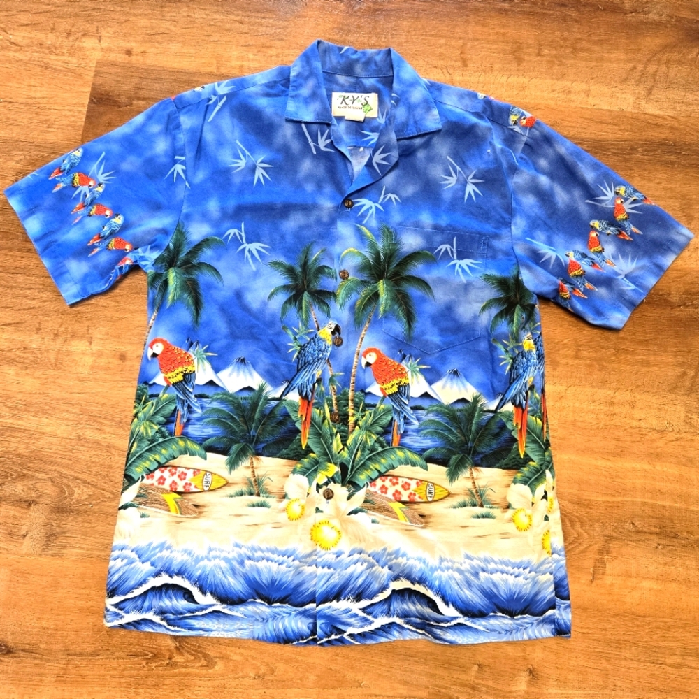KY's Men's Blue Hawaiian Shirt Size Medium Parrots Surfboard Palm Trees